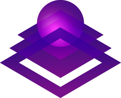 Purple abstract geometric logo with layered diamond shapes and a circular top element