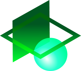 Abstract green geometric logo with overlapping diamond shapes and a glowing teal circle