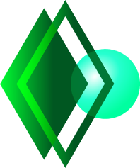 Abstract green diamond-shaped logo with a teal circle on the right