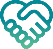 Teal handshake inside a heart outline, symbolizing partnership and support
