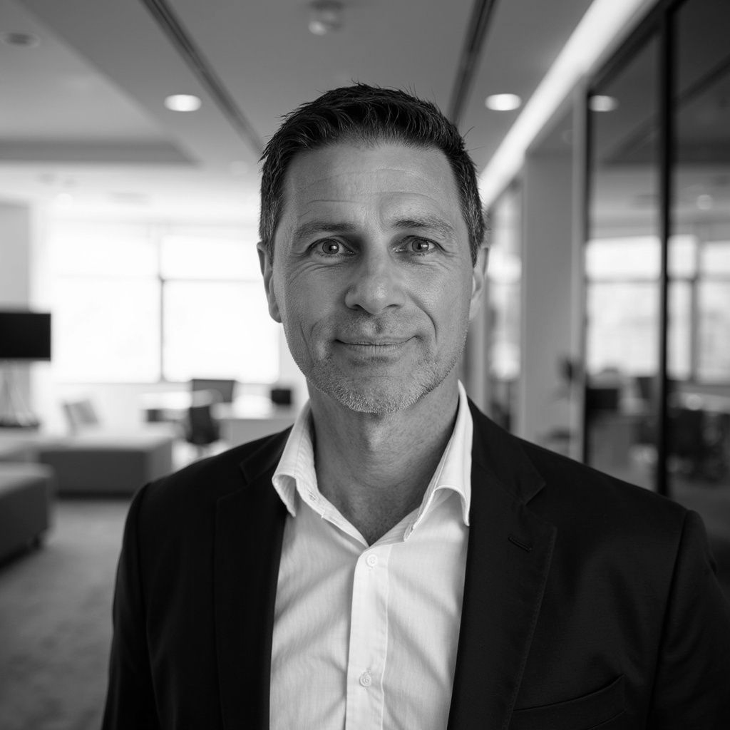 Portrait of a man in a suit standing in a modern office, looking at the camera with a slight smile.