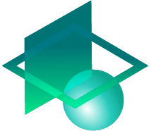 Abstract teal geometric logo with overlapping diamond outlines and a translucent circle