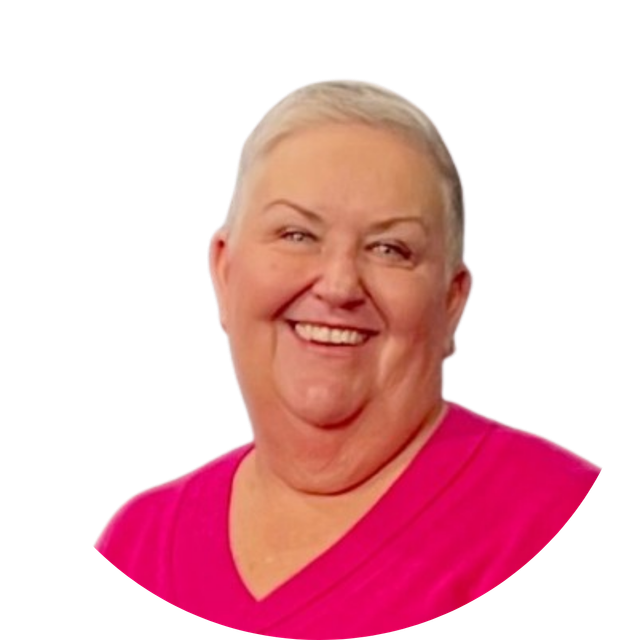 Smiling person in a bright pink top on a white background