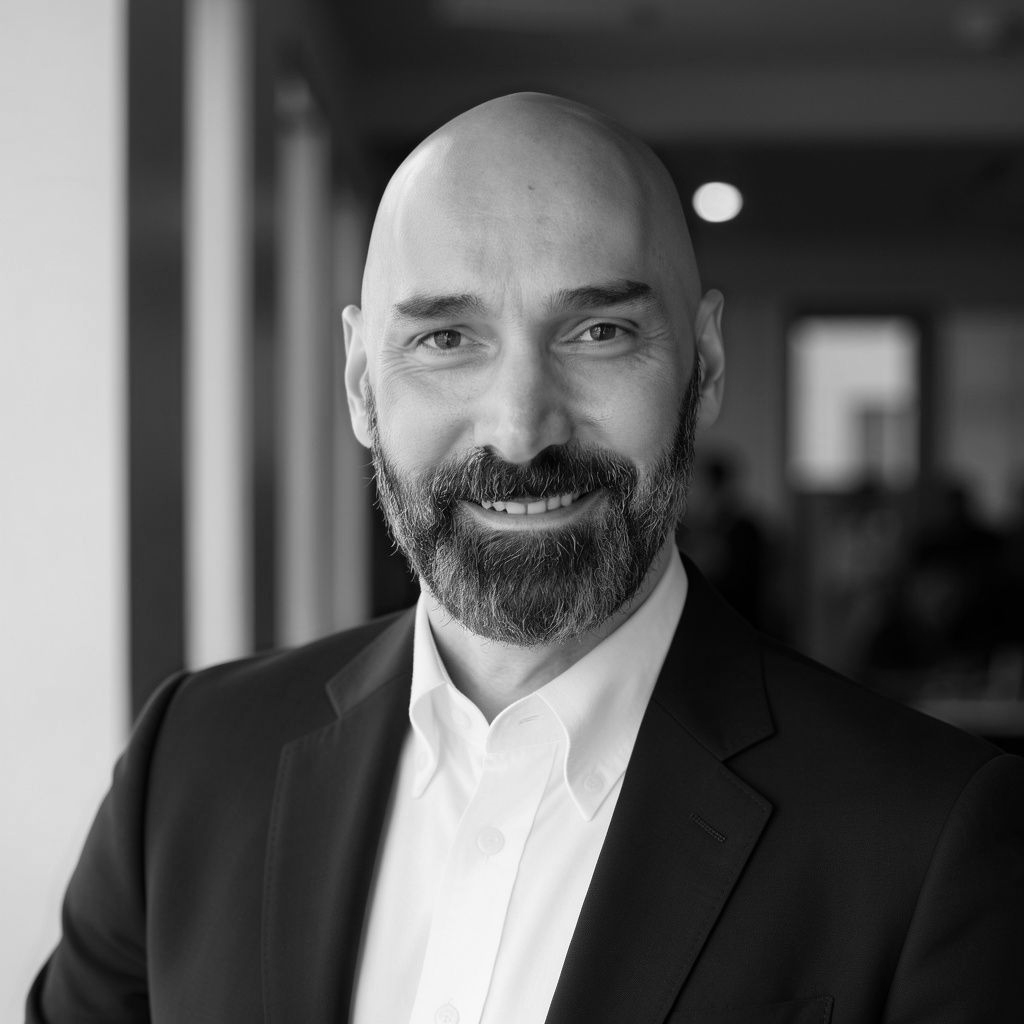 Black-and-white headshot of a smiling bald man with a beard in a suit and white shirt