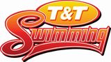 A red and yellow logo for t & t swimming