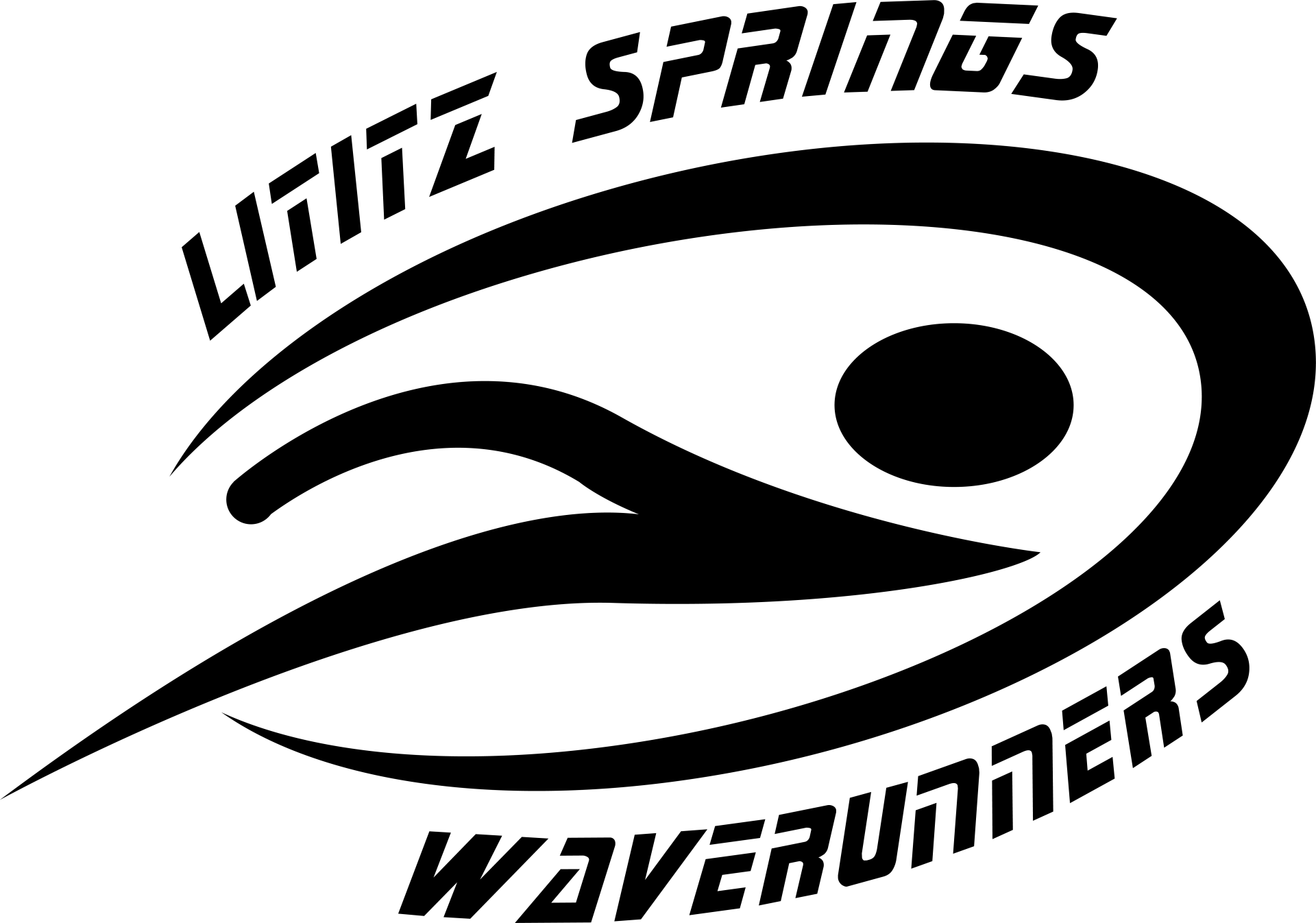 A black and white logo for the lilitz springs waverunners swimming team.