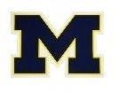 A blue letter m with a white border on a white background.