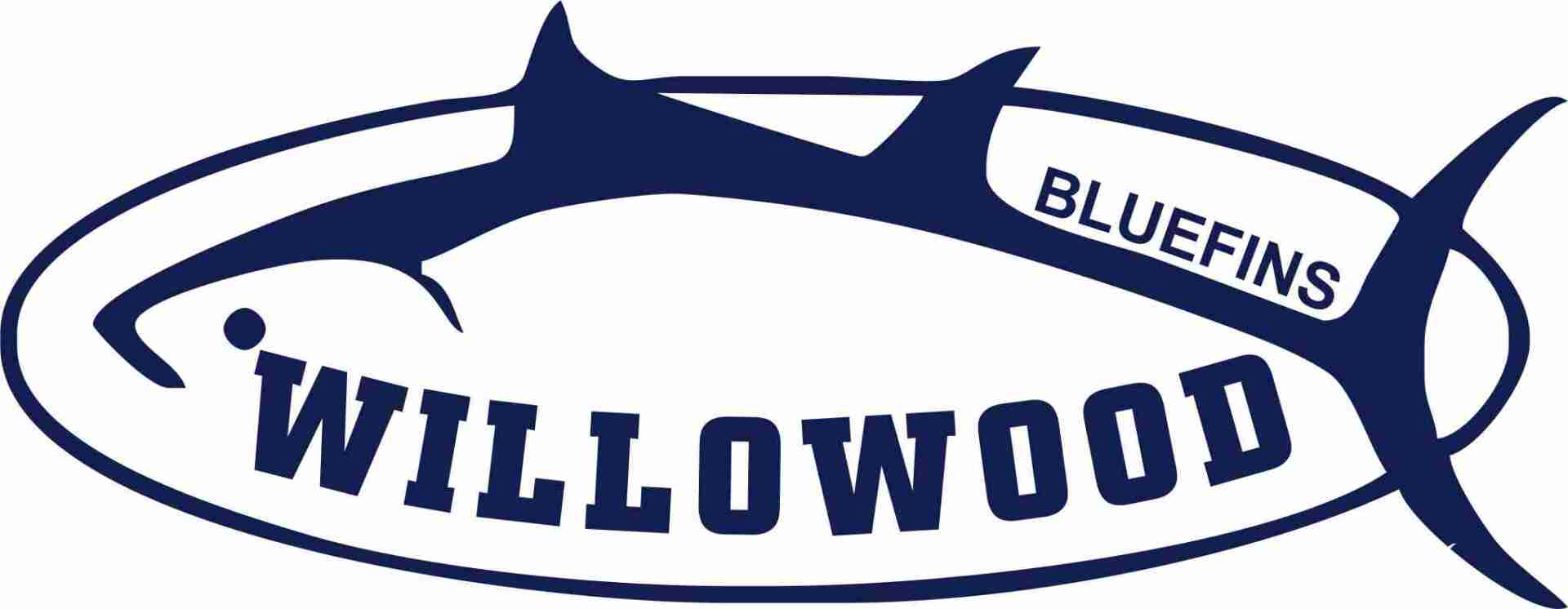 The logo for willowwood bluefins is a blue fish.
