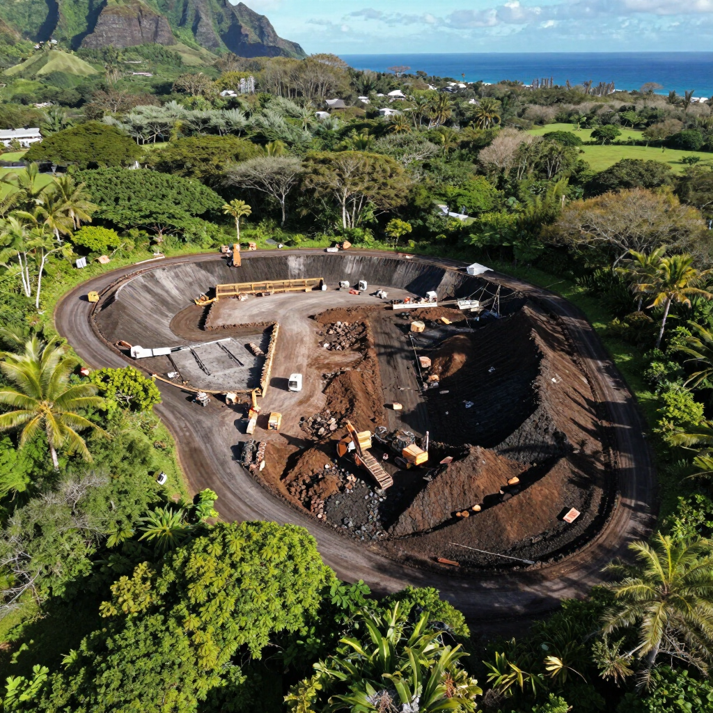 Aerial view of a circular archaeological excavation in lush green tropical landscape near the coast