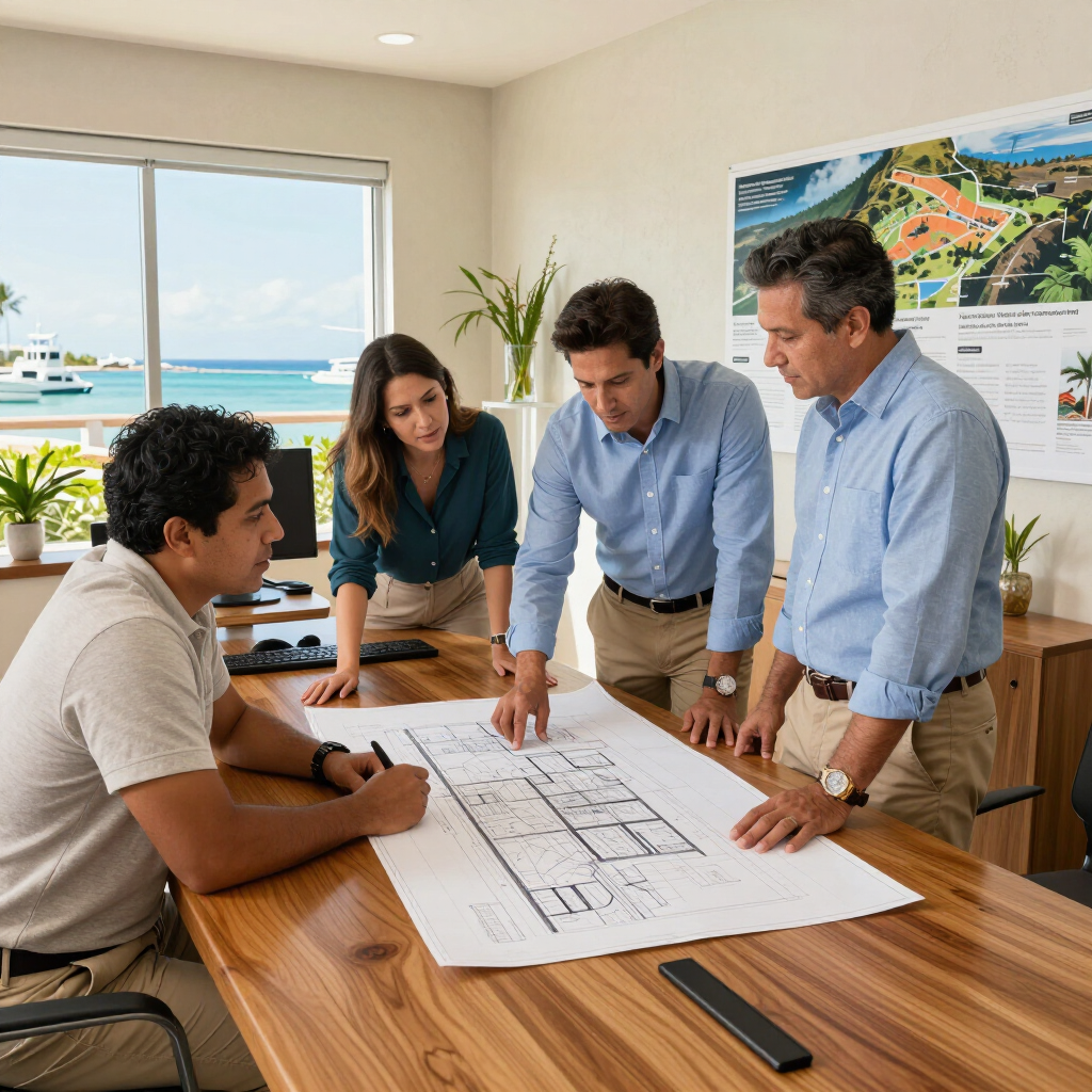 Team reviewing architectural plans at a wooden table in a bright office with ocean view.