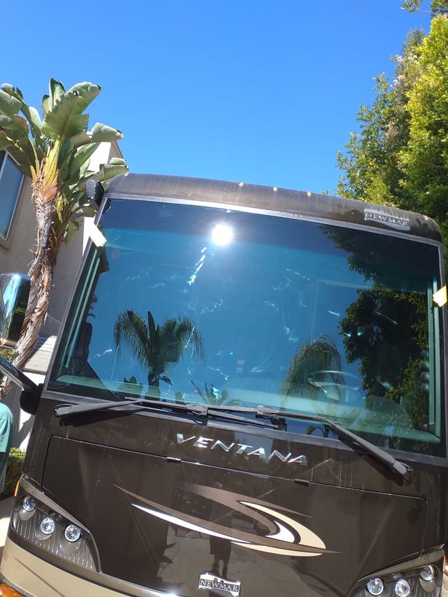 Brown bus with reflective windshield parked by palm trees under a bright blue sky