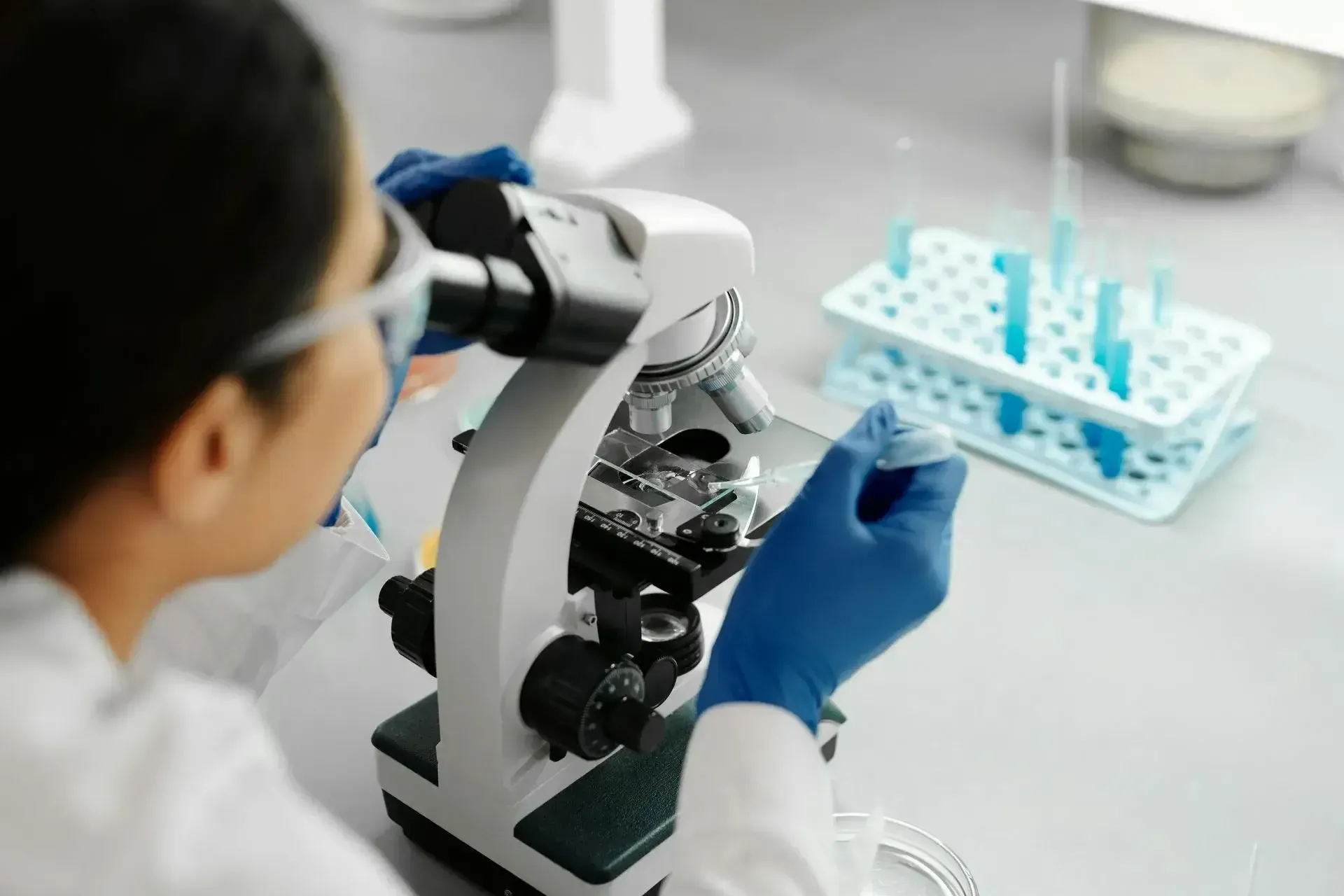 Scientist looking through microscope