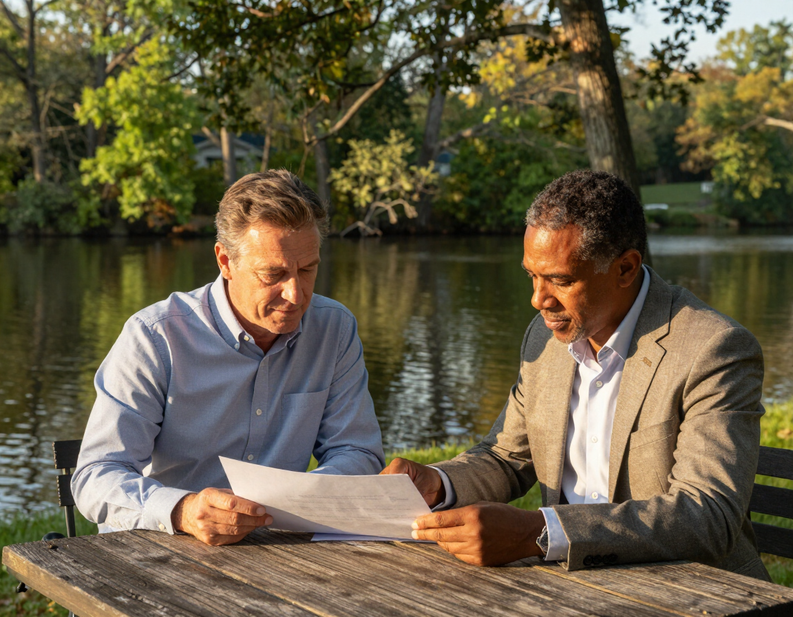Two men reading a document together at a picnic table beside a calm lake in a wooded park.