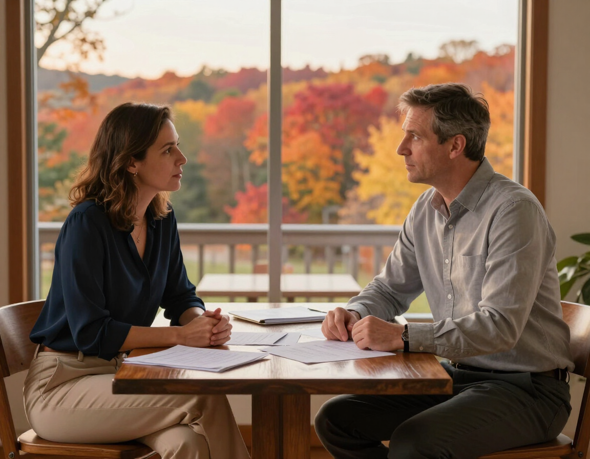 Two people discuss papers at a table by a window with autumn trees outside.