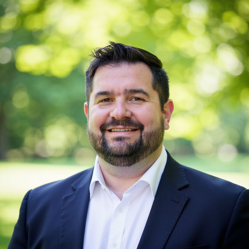 Portrait of tax director Chris smiling in a navy blazer and white shirt outdoors with a blurred green background