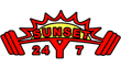 A logo for sunset 24 y 7 with a sun and barbells