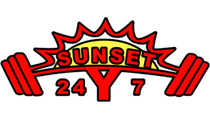 A logo for sunset 24 y 7 with a sun and barbells
