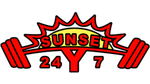 A logo for sunset 24 y 7 with a sun and dumbbells