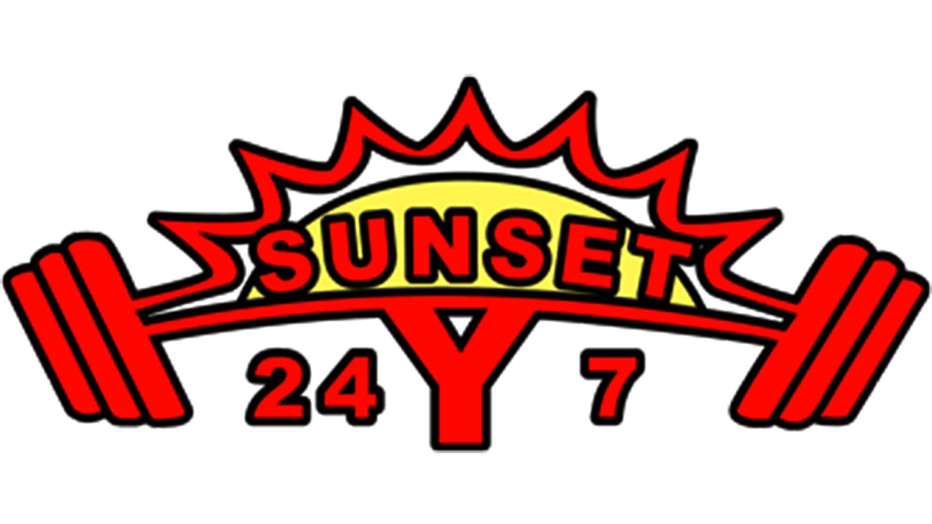 A logo for sunset 24 y 7 with a sun and barbells