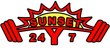 A logo for sunset 24 y 7 with a sun and dumbbells