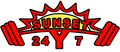 A logo for sunset 24 y 7 with a sun and dumbbells