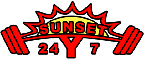 A logo for sunset 24 y 7 with a sun and dumbbells