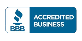 BBB Accredited Business logo, blue and white, with flame symbol.