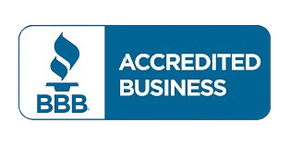 BBB Accredited Business logo, blue and white, with flame symbol.