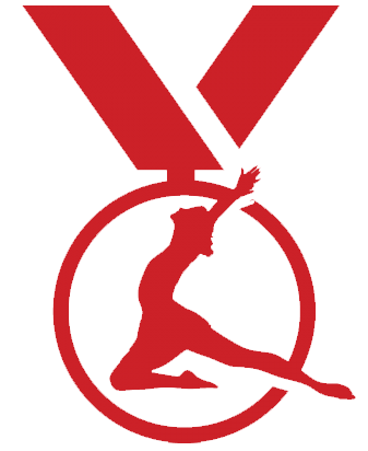 Red medal icon with gymnast silhouette.