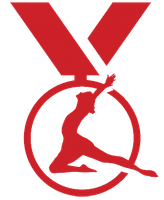 Red medal icon with gymnast silhouette.