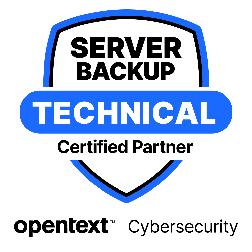 The logo for server backup technical is a certified partner of opentext cybersecurity.