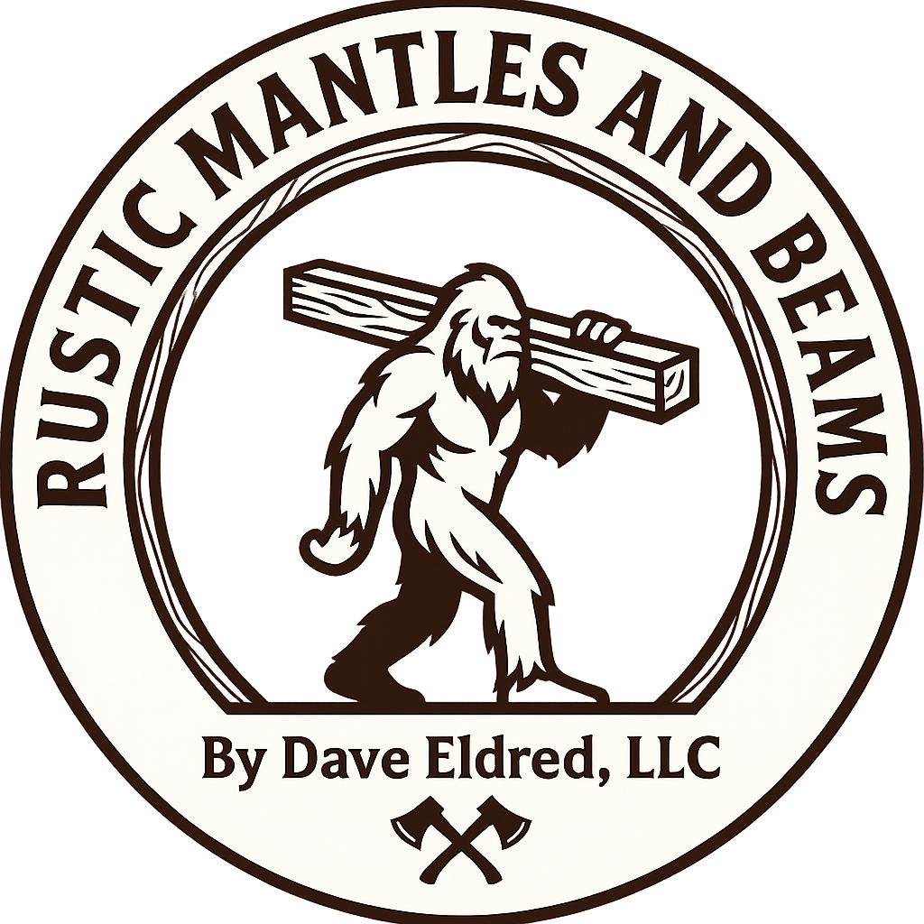 Rustic Mantles and Beams logo with a beaver carrying a log, by Dave Eldred, LLC