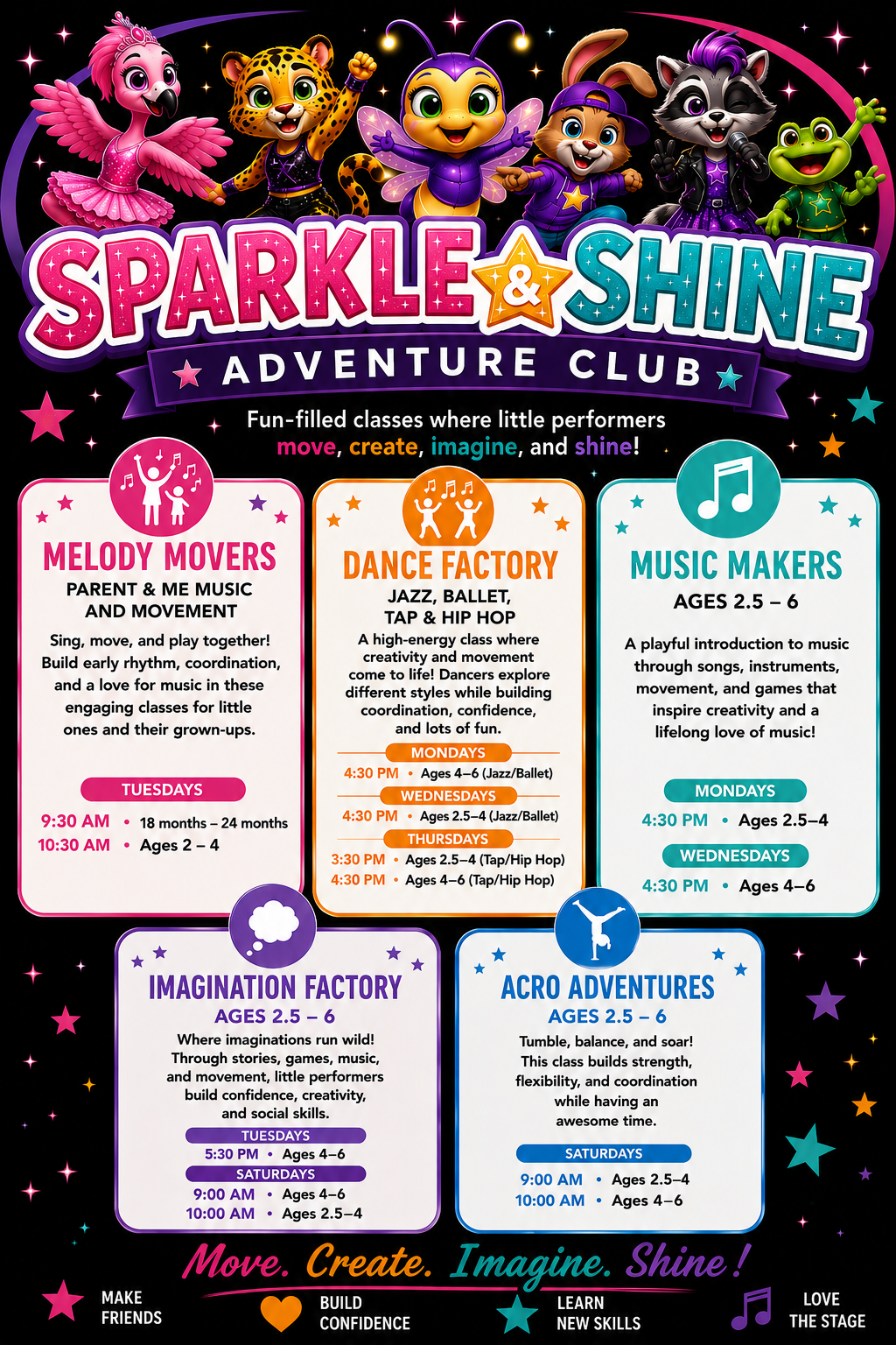 Sparkle & Shine Adventure Club flyer with colorful kids activities on a pink starry background