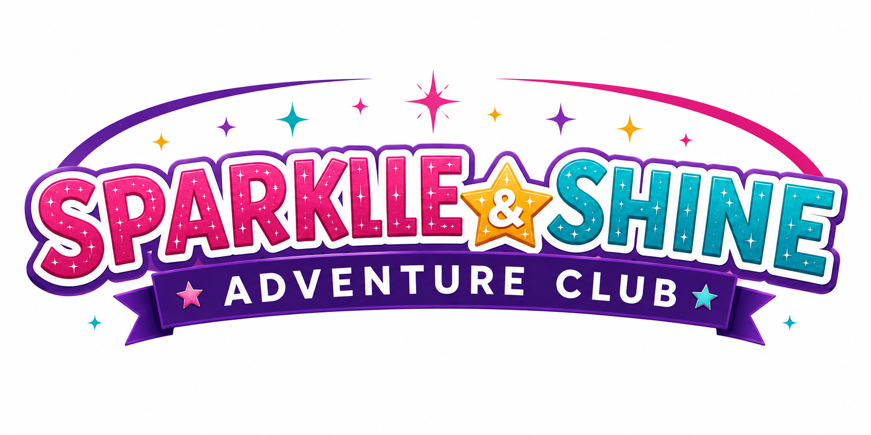 Sparkle & Shine Adventure Club logo in pink, teal, and purple with stars and a white banner