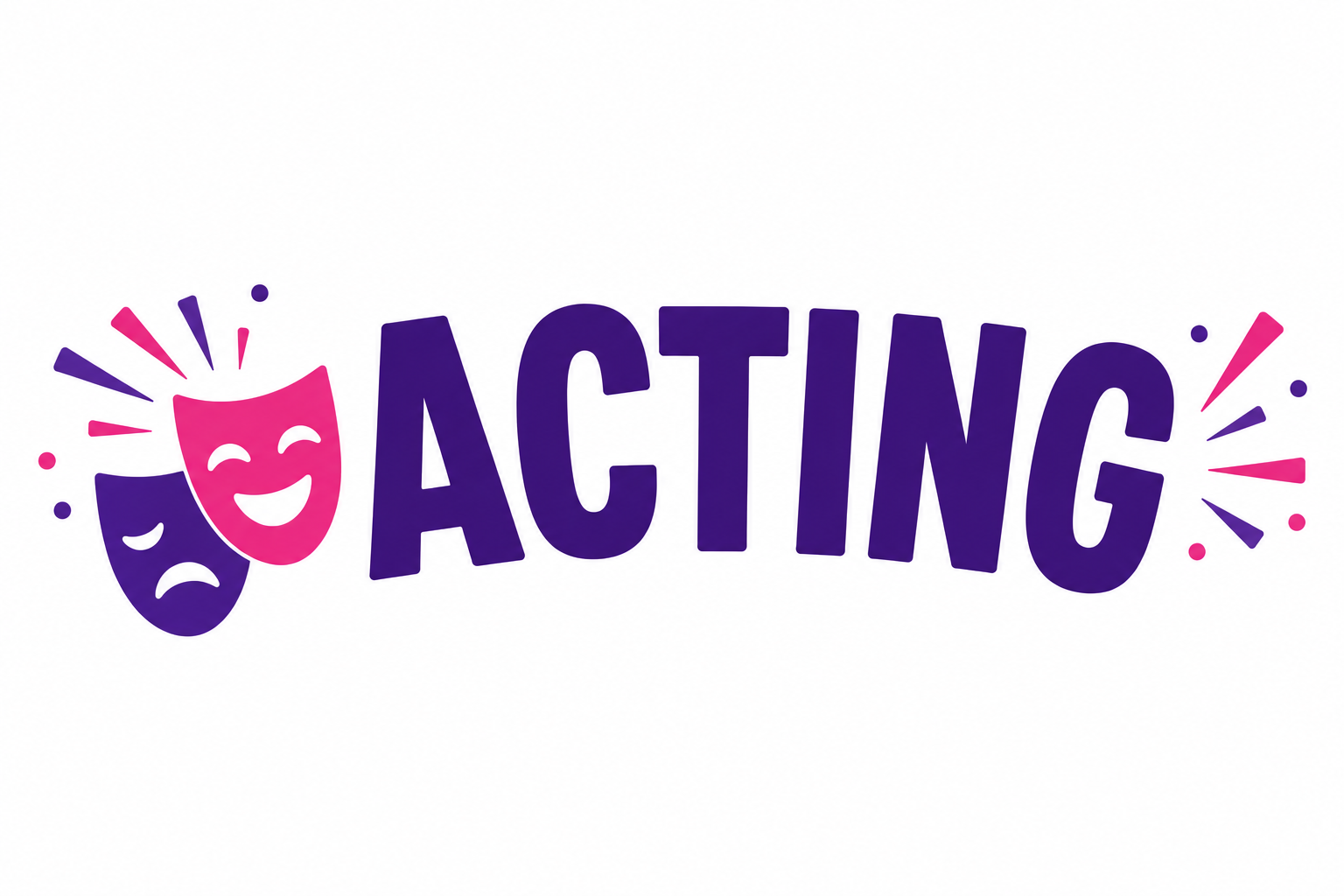 Purple and pink theater masks with the word “ACTING” in bold purple letters