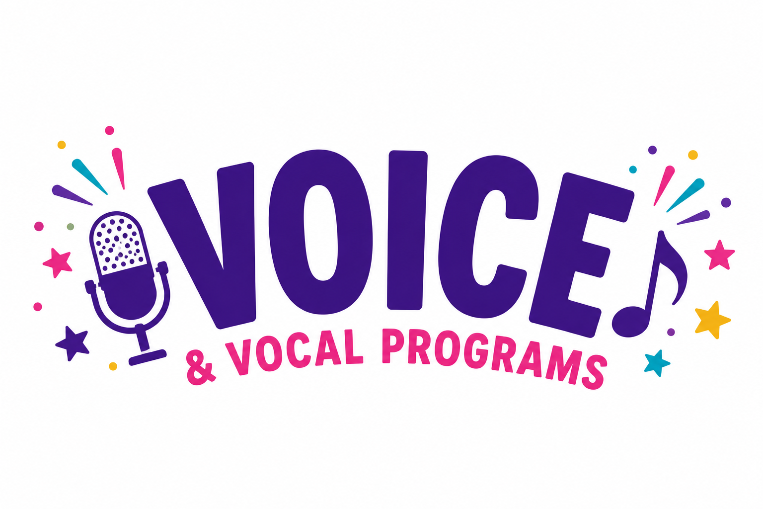 “Noice! & Vocal Programs” logo in purple and pink with a microphone and confetti stars