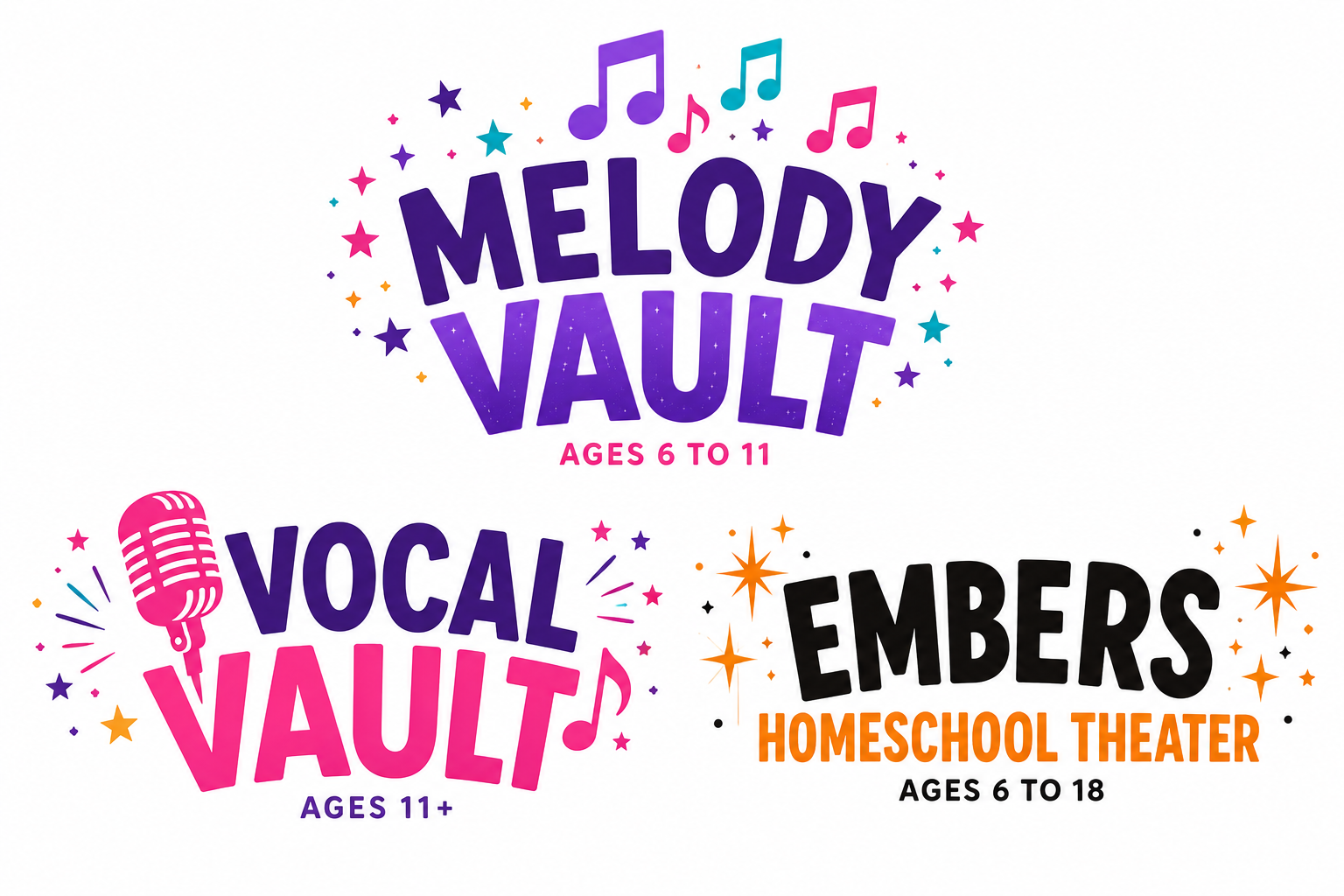 Three colorful youth theater logos: Melody Vault, Vocal Vault, and Embers Homeschool Theater