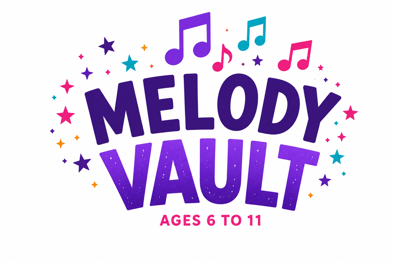 Melody Vault logo with colorful stars and music notes, purple text, ages 6 to 11