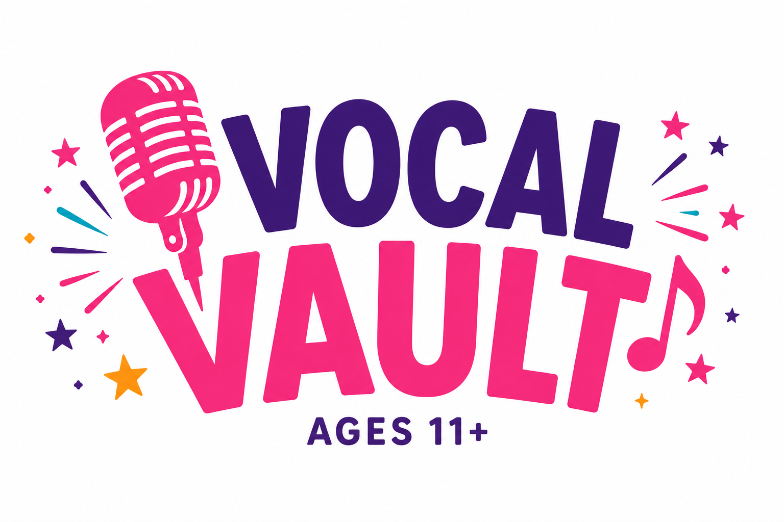 Logo for Vocal Vault: pink microphone, purple and pink text, music notes, and “Ages 11+”
