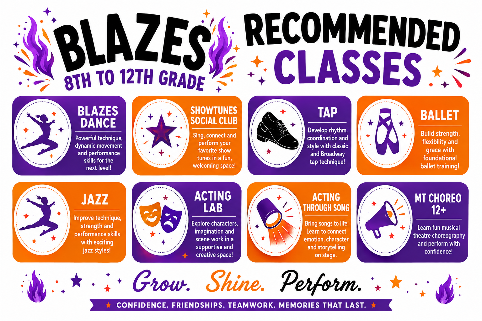 Blazes dance studio flyer listing recommended classes for 8th-12th grade in purple, orange, and white.