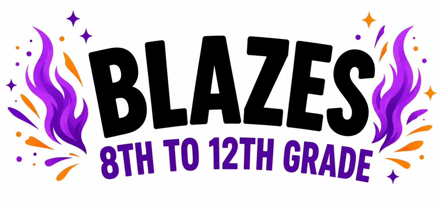 Blazes logo with purple-orange flames and text “8th to 12th grade”
