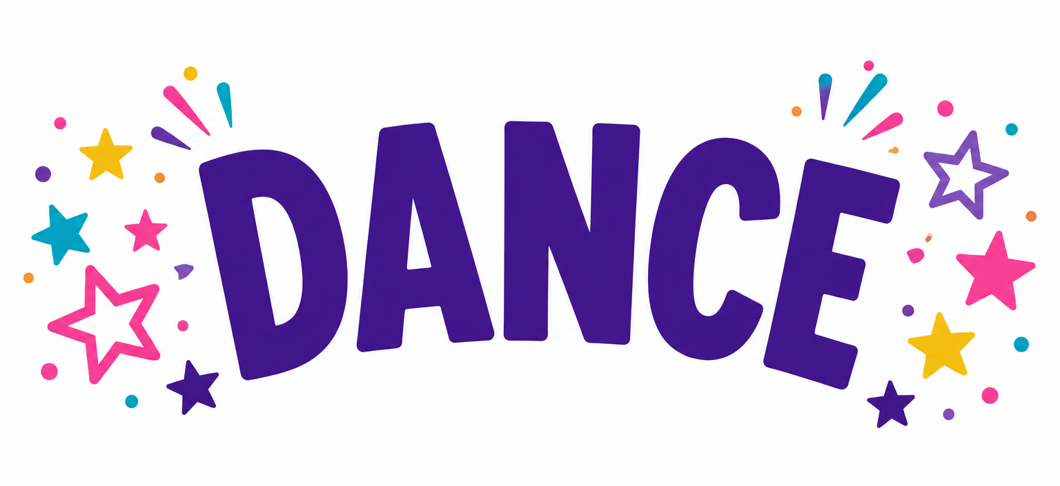 Colorful “DANCE” text with stars and confetti on a white background