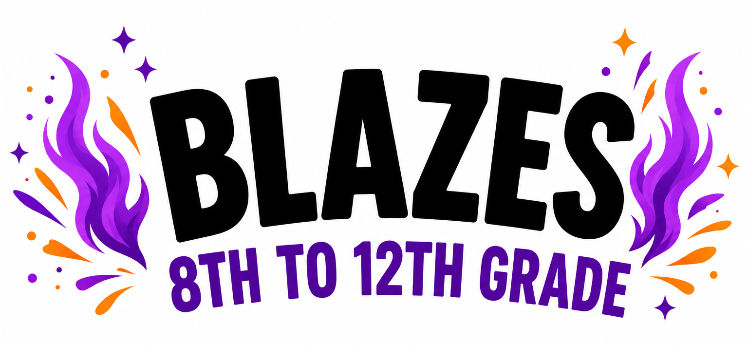 Blazes logo with purple flames and black text, “8th to 12th grade” in purple below