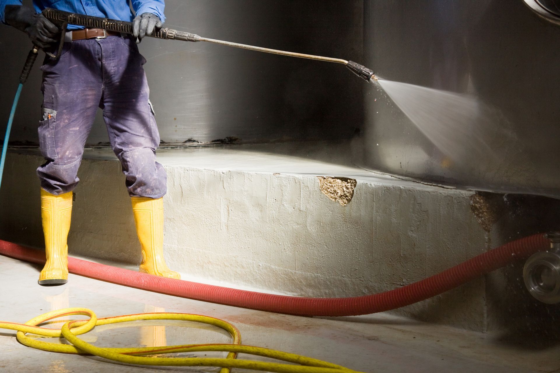 Worker in yellow boots pressure-washing a concrete surface with a hose and spray nozzle