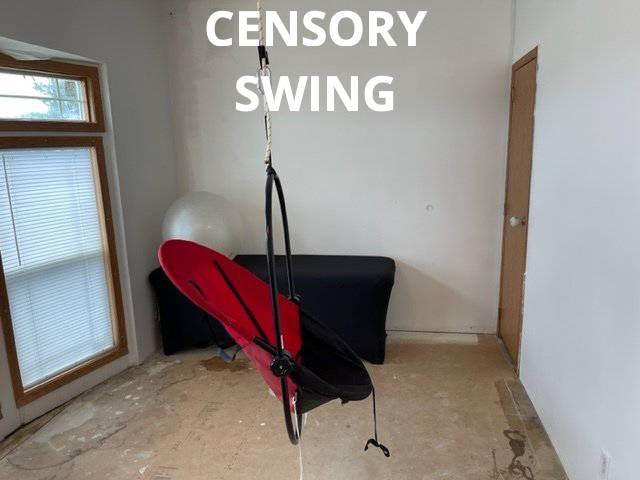 Censor swing suspended in a room, with red and black padded seat and two windows nearby