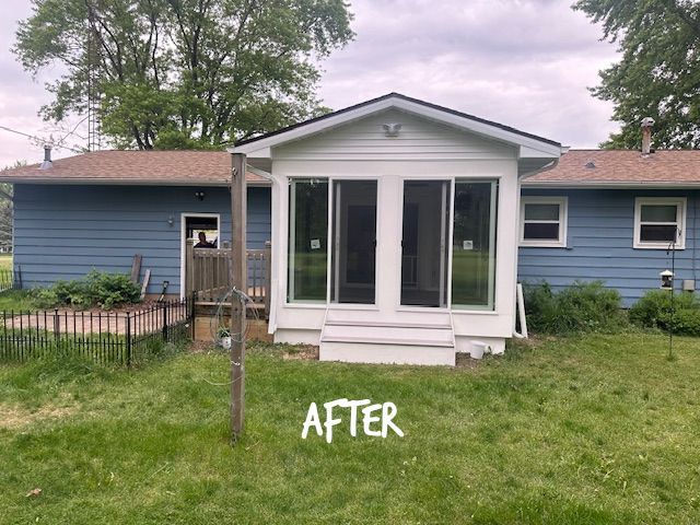 Front porch addition on a blue house, labeled “AFTER.”