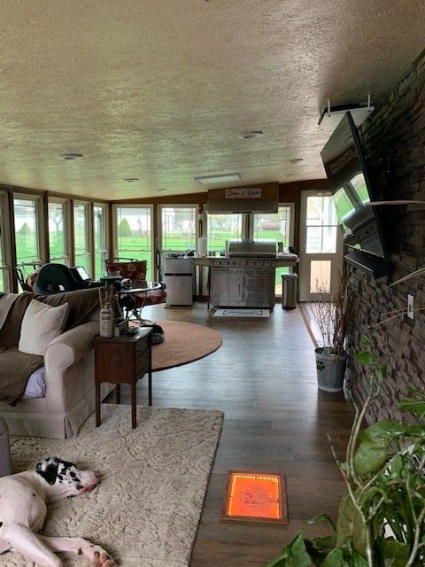 Cozy sunroom with a fireplace, large windows, sofas, and a sleeping dog on a rug.