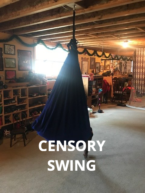 Blue sensory swing hanging in a cozy room with framed art and shelves; text reads “CENSORY SWING”