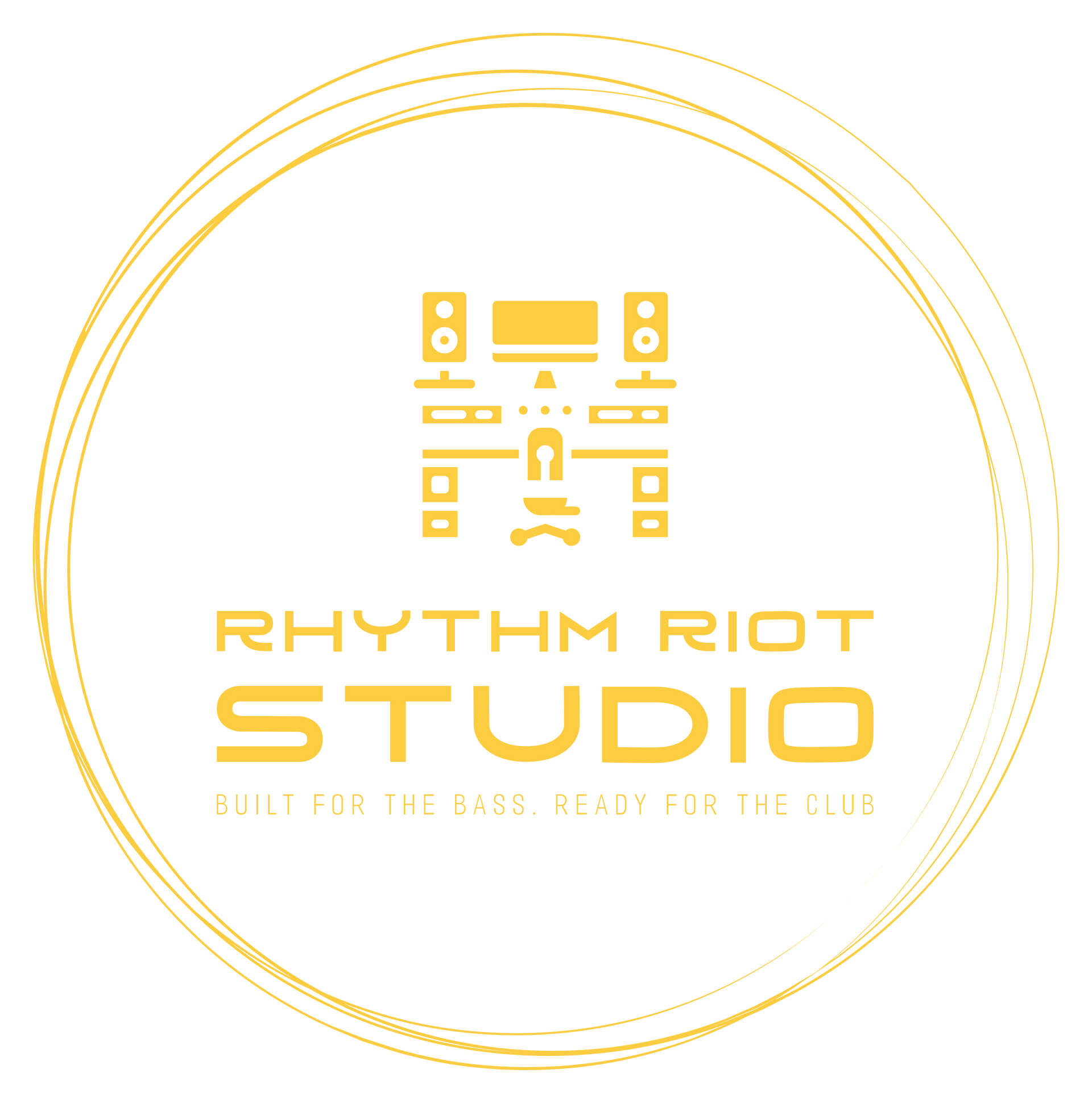 Logo for Rhythm Riot Studio: yellow circle surrounding a studio setup with text.