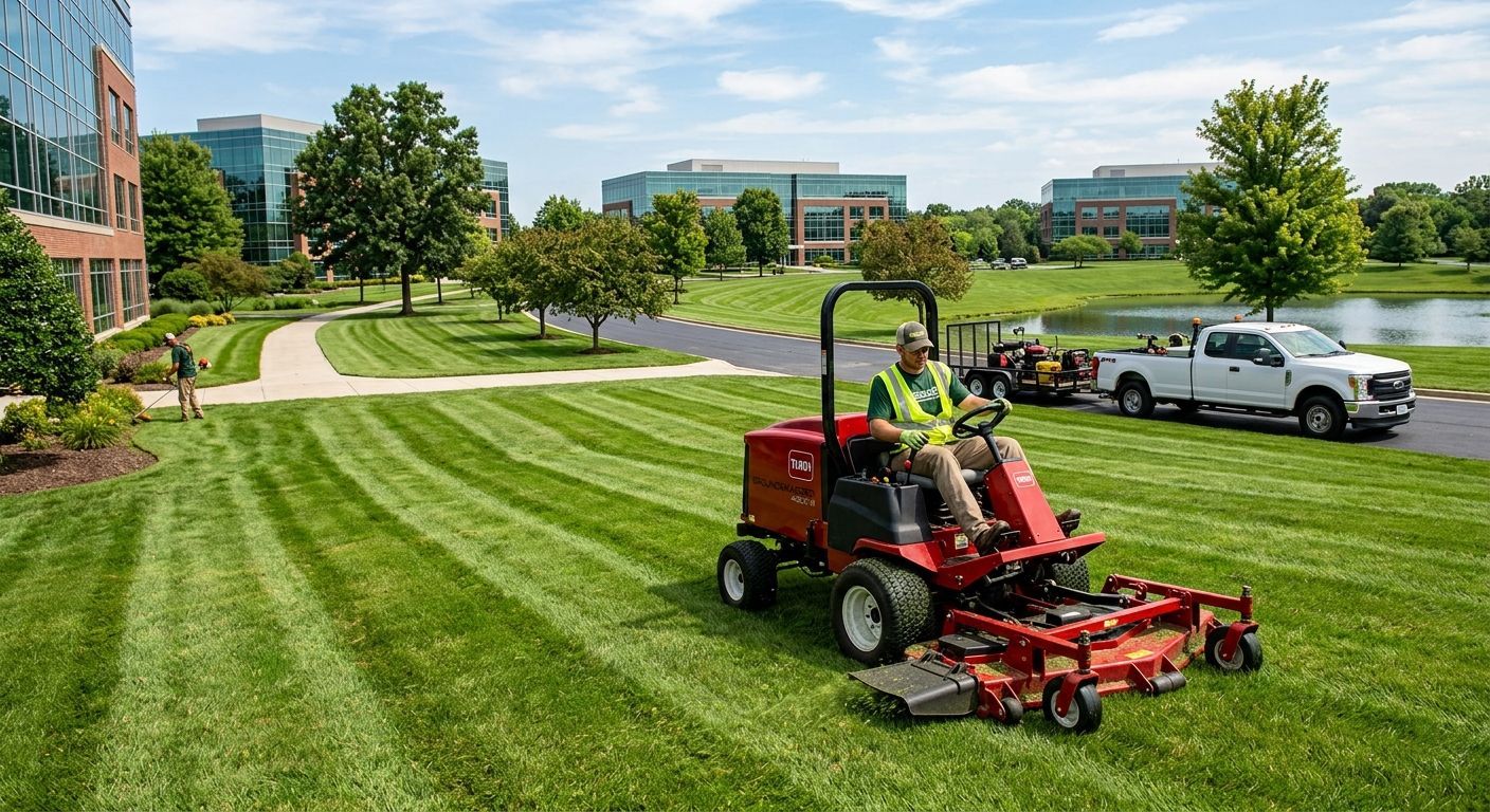 Red lawn mower mowing striped grass near a pond on a college campus